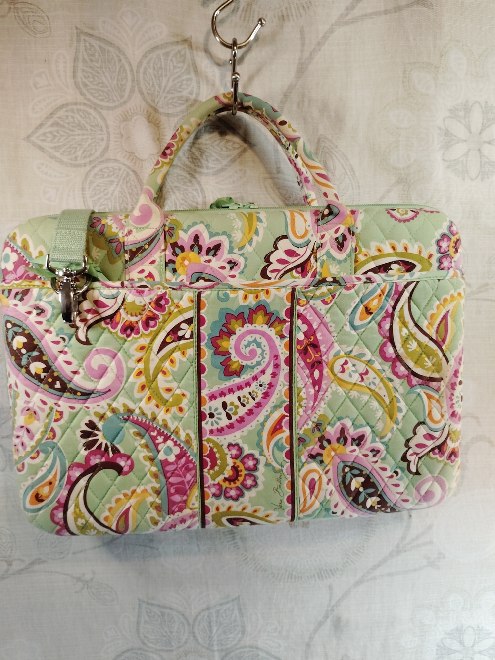 Vera Bradley Quilted Paisley Hardshell Laptop/Messenger bag- Mint, Pink & Yellow - Picture 2 of 7